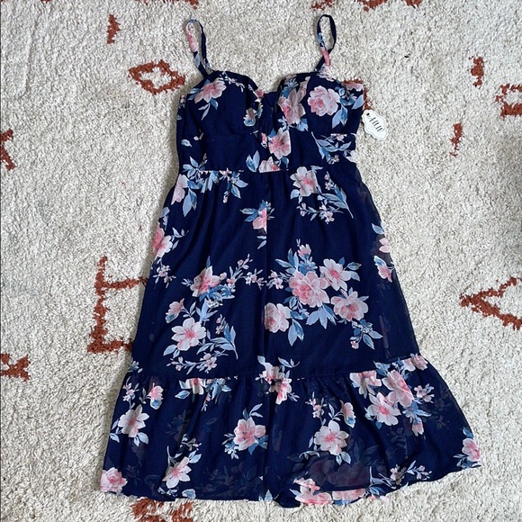 NWT- AUM Tiered Dress-Sz XL- Navy/Pink Floral- Lined - Picture 1 of 11